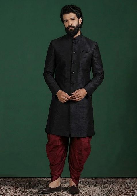 Maroon Plain Silk Pyjama Set For Men