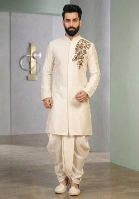 Cream Embroidered Silk Pyjama Set For Men