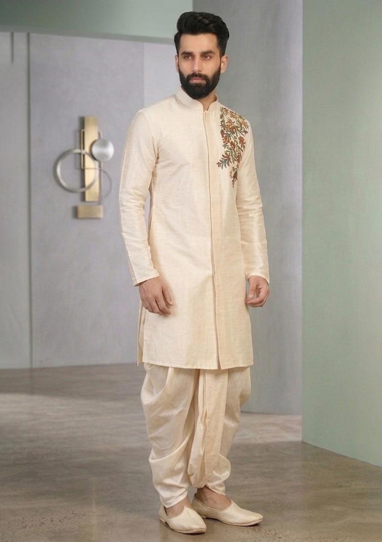 Cream Embroidered Silk Pyjama Set For Men - Indya