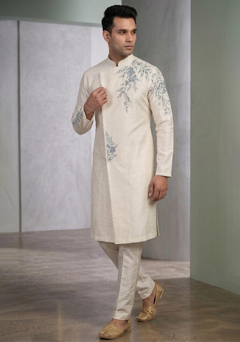 White Embroidered Silk Pyjama Set For Men - Indya