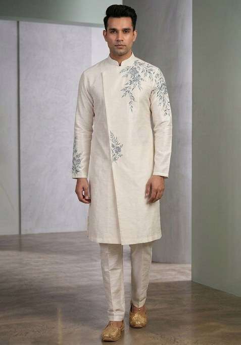 White Embroidered Silk Pyjama Set For Men