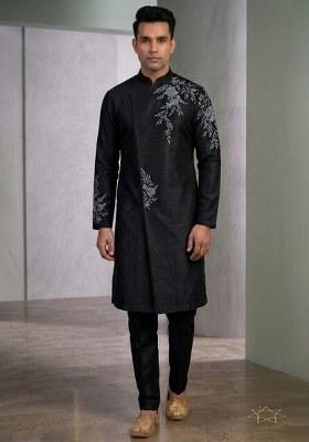 Black Embroidered Silk Pyjama Set For Men