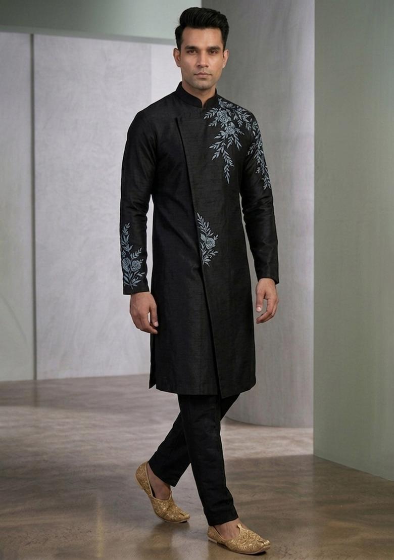 Black Embroidered Silk Pyjama Set For Men - Indya