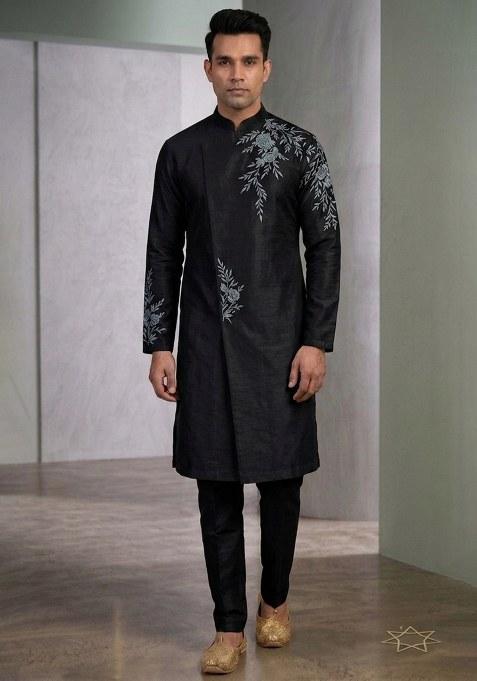 Black Embroidered Silk Pyjama Set For Men