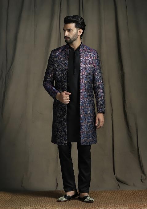 Navy Blue Embroidered Jacquard Sherwani Set For Men
