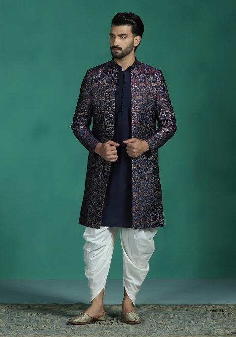 Navy Blue Embroidered Jacquard Sherwani Set For Men