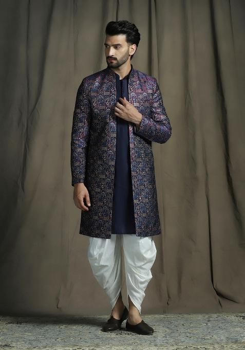 Navy Blue Embroidered Jacquard Sherwani Set For Men