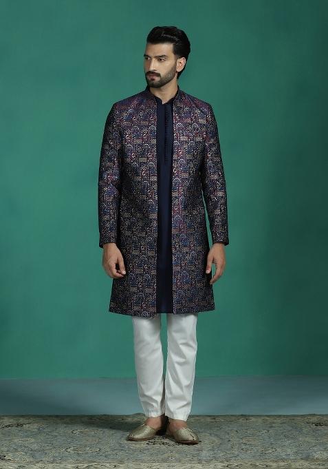 Navy Blue Embroidered Jacquard Sherwani Set For Men
