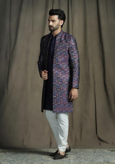 Navy Blue Embroidered Jacquard Sherwani Set For Men