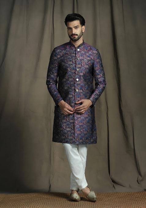 Navy Blue Embroidered Jacquard Sherwani Set For Men