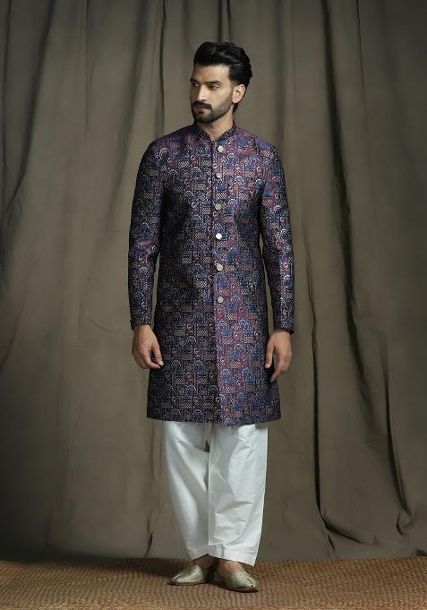 Navy Blue Embroidered Jacquard Sherwani Set For Men