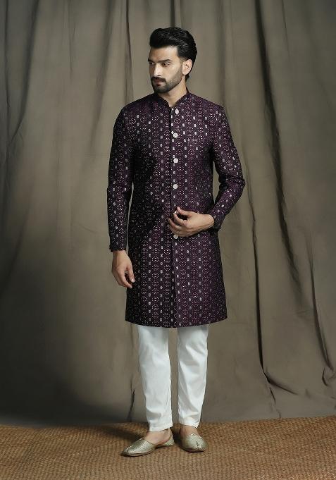 Purple Embroidered Jacquard Sherwani Set For Men