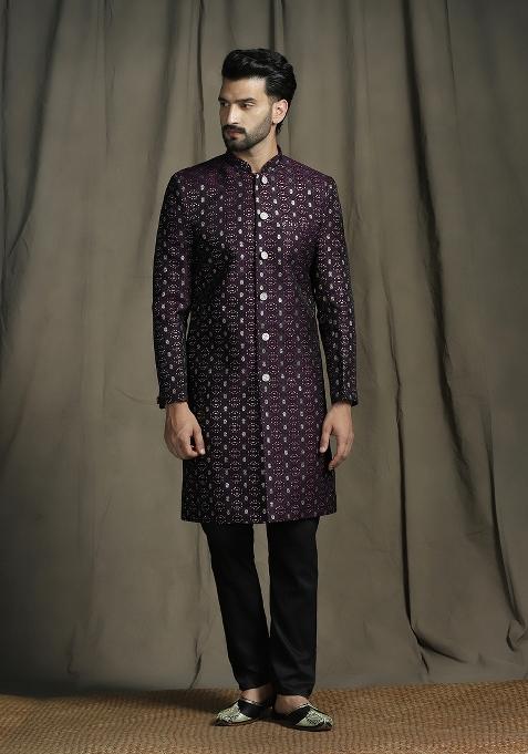 Purple Embroidered Jacquard Sherwani Set For Men