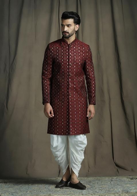 Maroon Embroidered Jacquard Sherwani Set For Men
