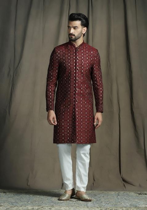 Maroon Embroidered Jacquard Sherwani Set For Men