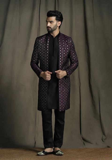 Purple Embroidered Jacquard Sherwani Set For Men