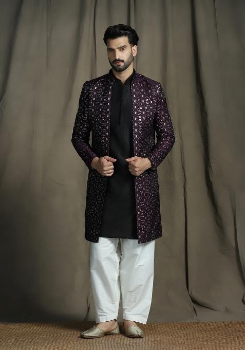 Purple Embroidered Jacquard Sherwani Set For Men