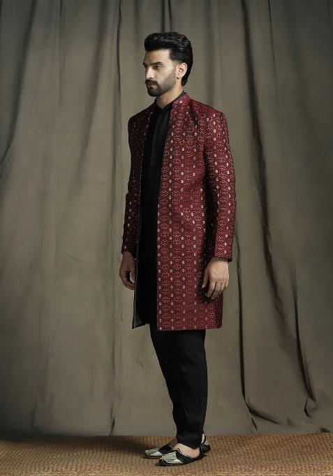 Maroon Embroidered Jacquard Sherwani Set For Men