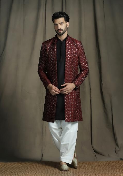 Maroon Embroidered Jacquard Sherwani Set For Men