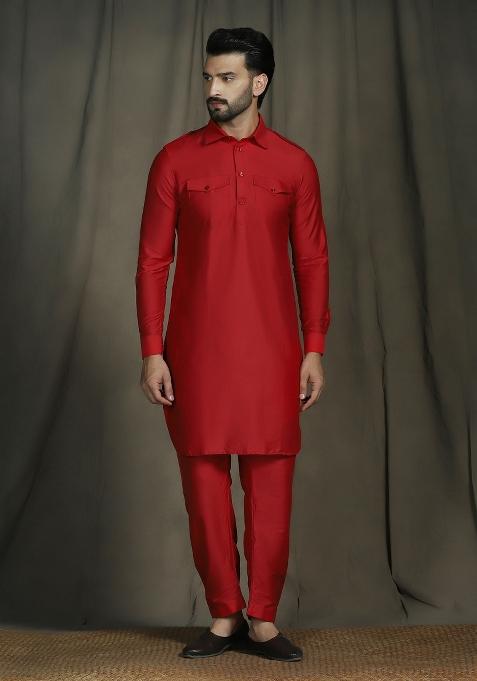 Red Plain Polyester Kurta Set For Men