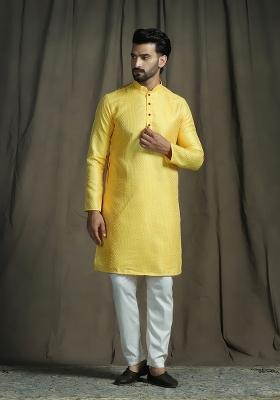 Yellow Embroidered Silk Kurta Set For Men