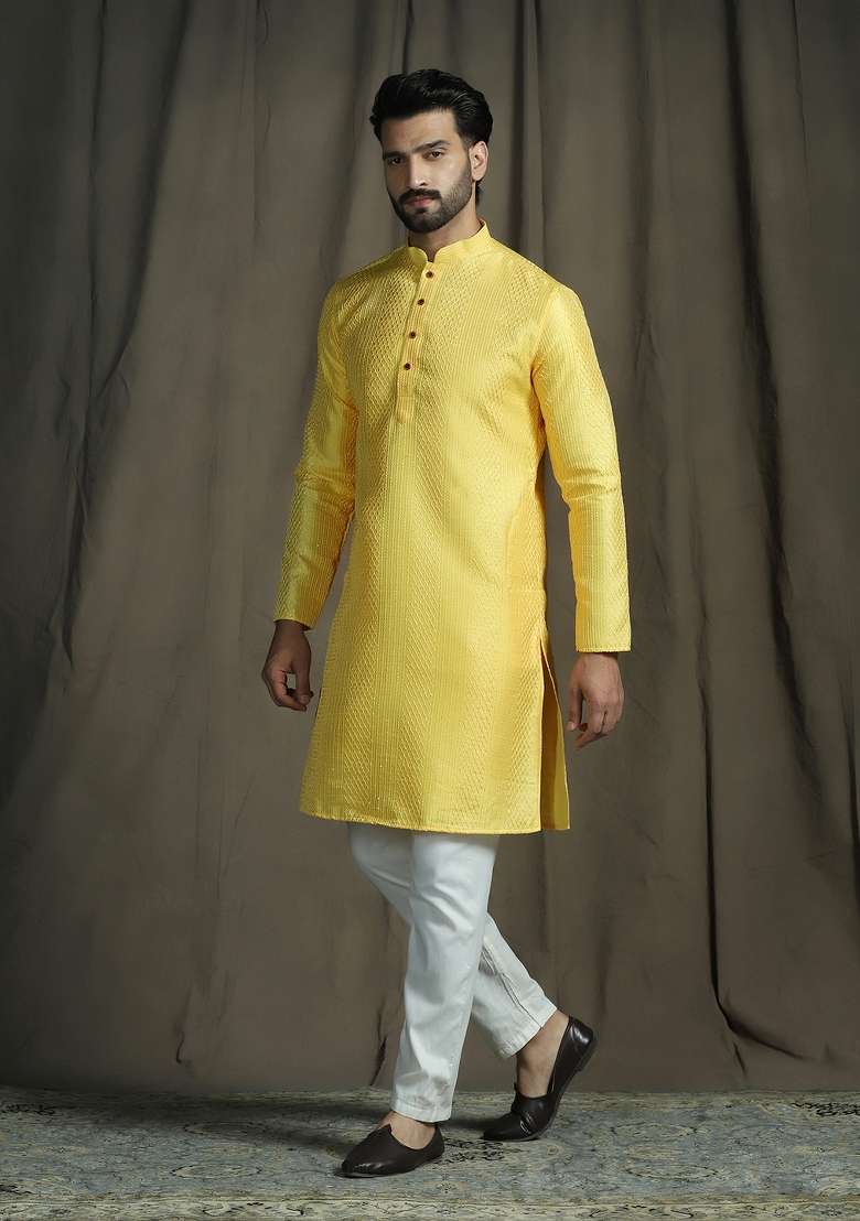 Yellow Embroidered Silk Kurta Set For Men - Indya