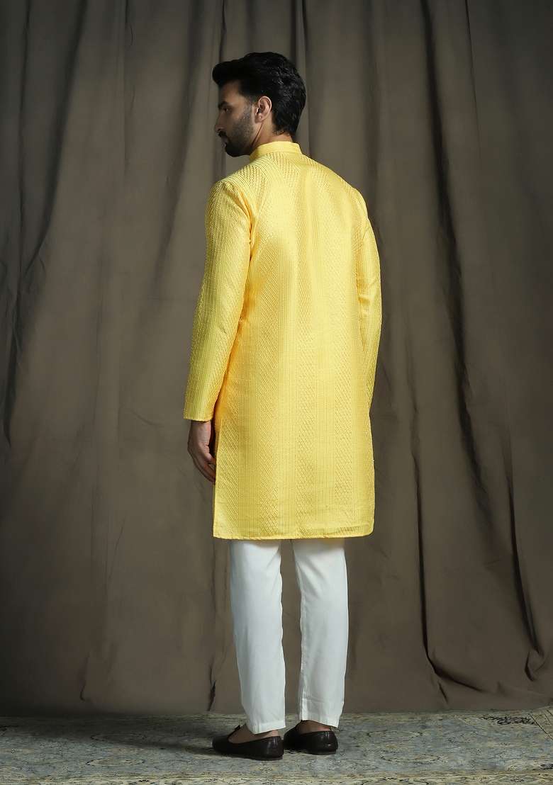 Yellow Embroidered Silk Kurta Set For Men - Indya