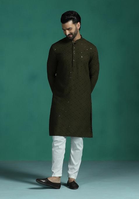 Olive Embroidered Cotton Kurta Set For Men