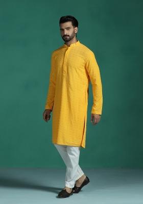 Yellow Embroidered Cotton Kurta Set For Men