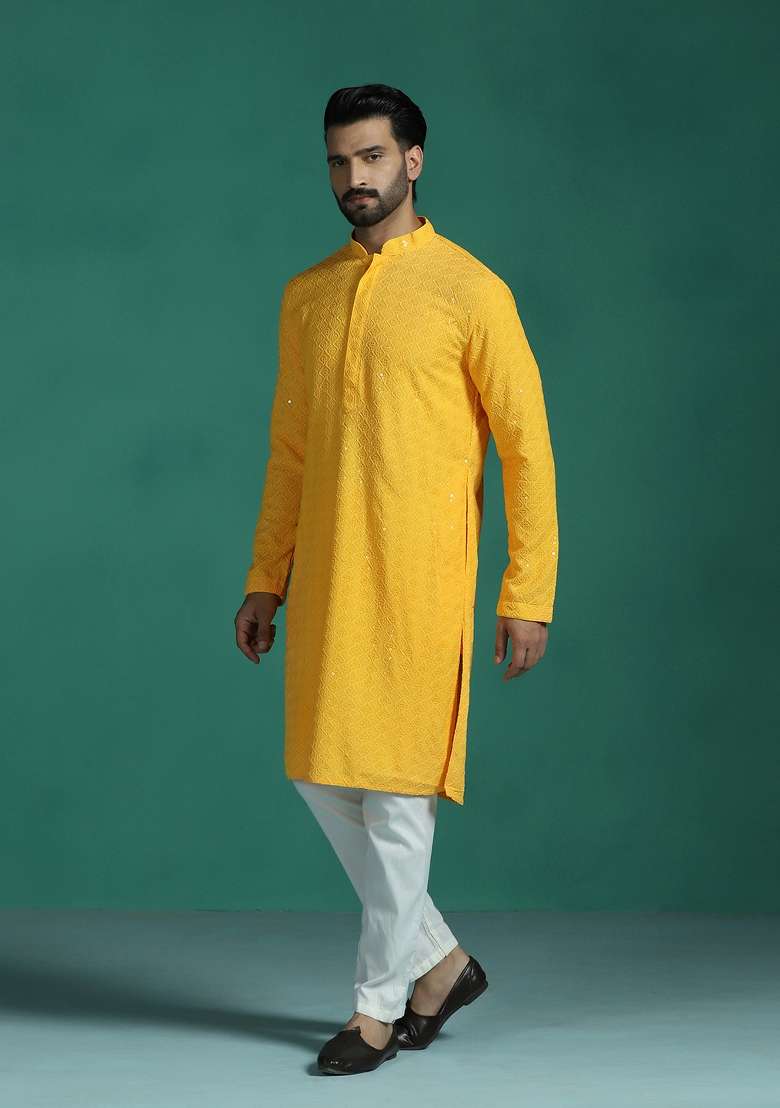 Yellow Embroidered Cotton Kurta Set For Men - Indya