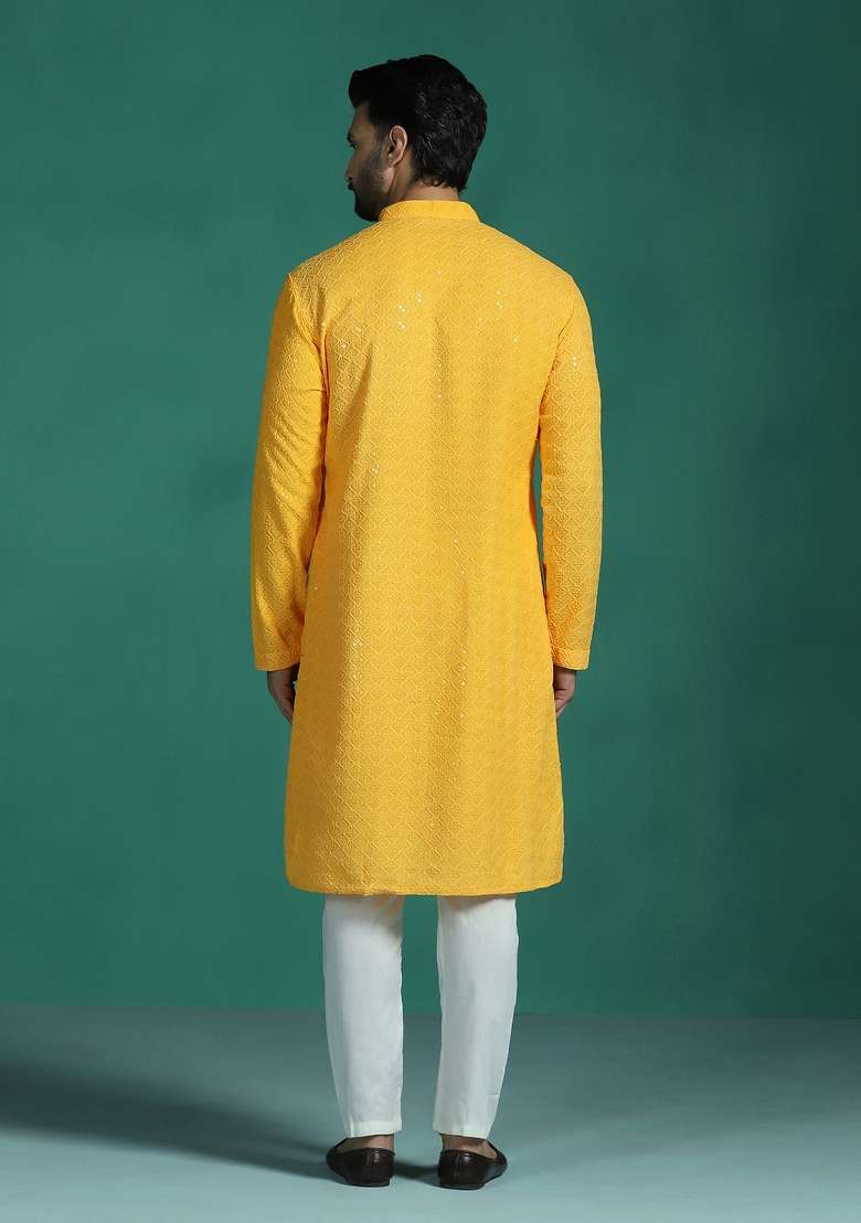 Yellow Embroidered Cotton Kurta Set For Men - Indya