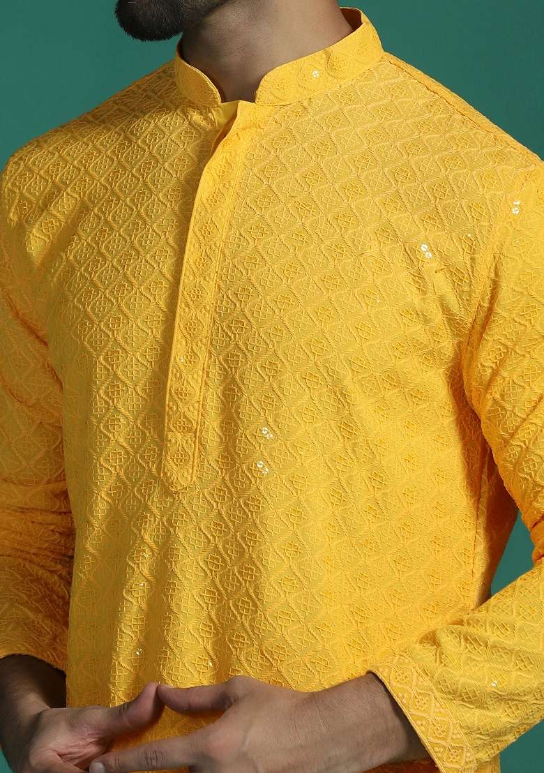 Yellow Embroidered Cotton Kurta Set For Men - Indya