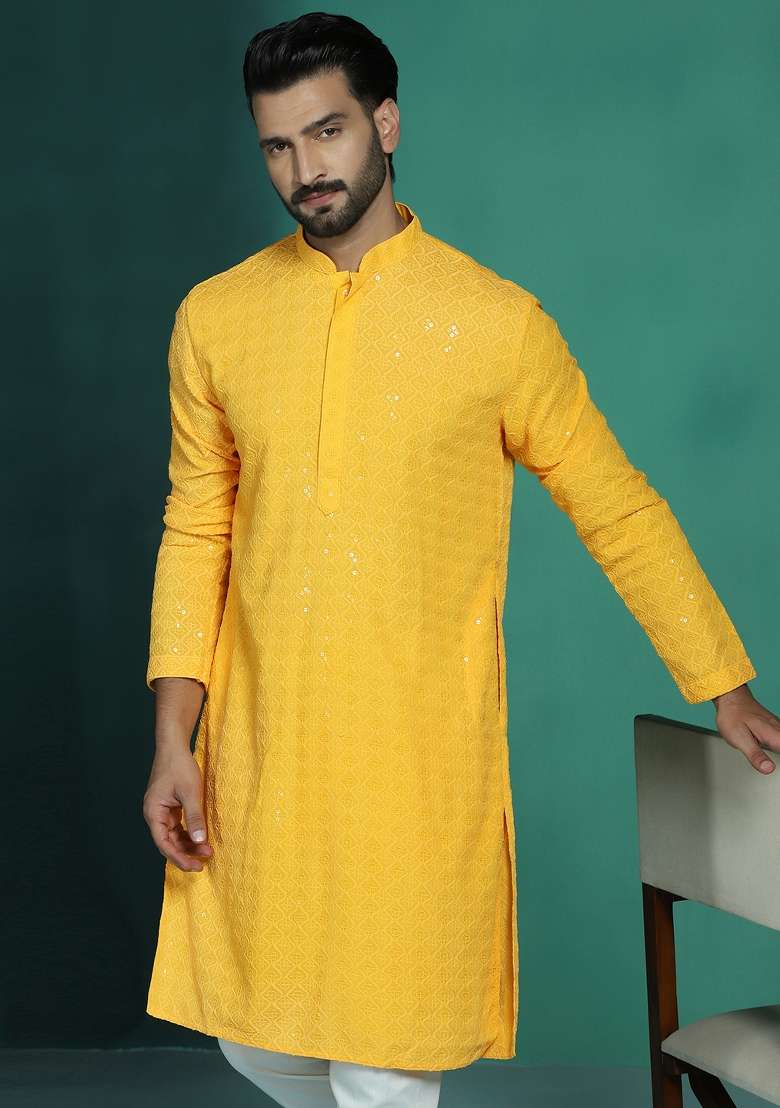 Yellow Embroidered Cotton Kurta Set For Men - Indya