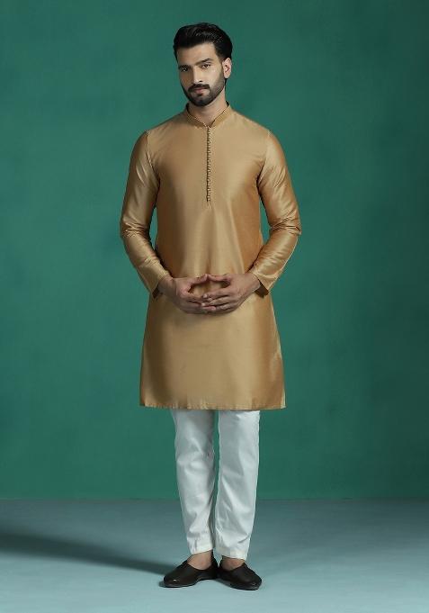 Beige Plain Polyester Kurta Set For Men