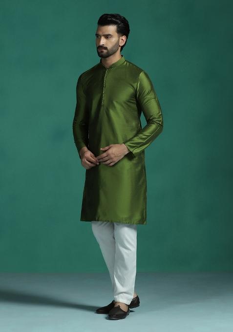 Green Plain Polyester Kurta Set For Men