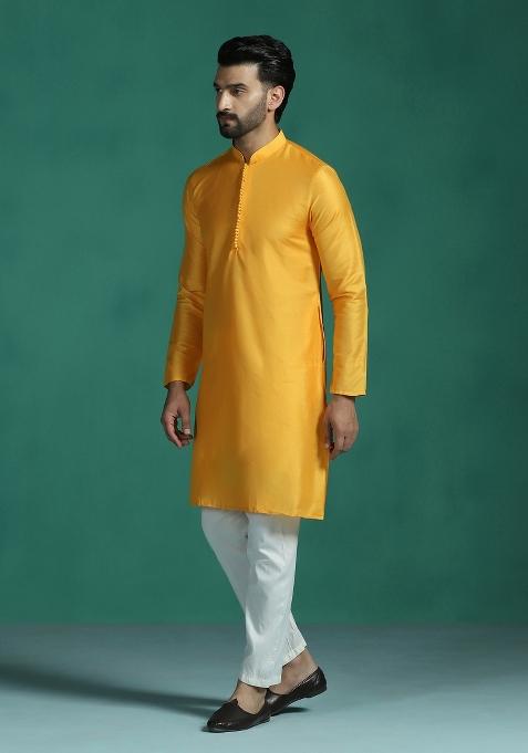 Yellow Plain Polyester Kurta Set For Men