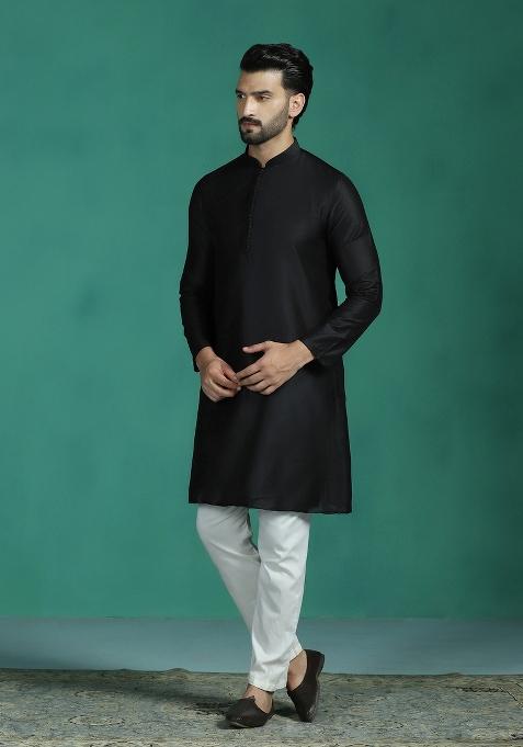 Black Plain Polyester Kurta Set For Men