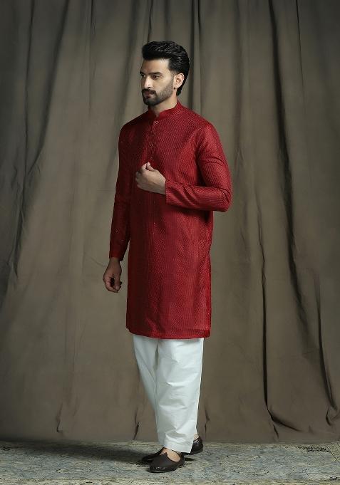 Red Embroidered Silk Kurta Set For Men