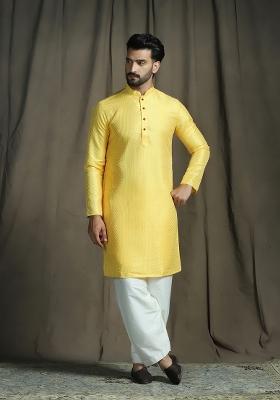 Yellow Embroidered Silk Kurta Set For Men