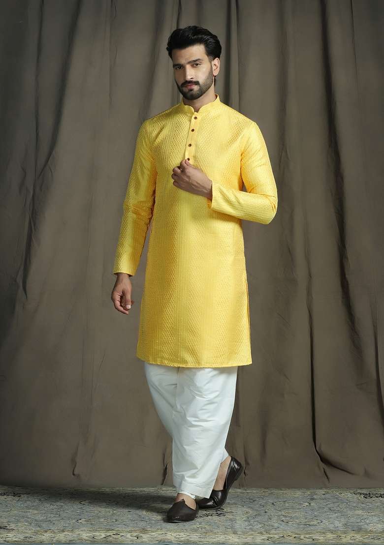 Yellow Embroidered Silk Kurta Set For Men - Indya