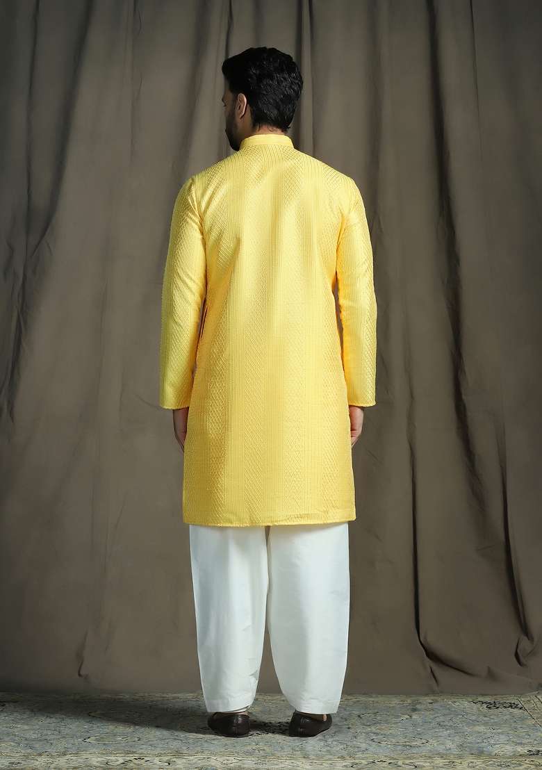Yellow Embroidered Silk Kurta Set For Men - Indya