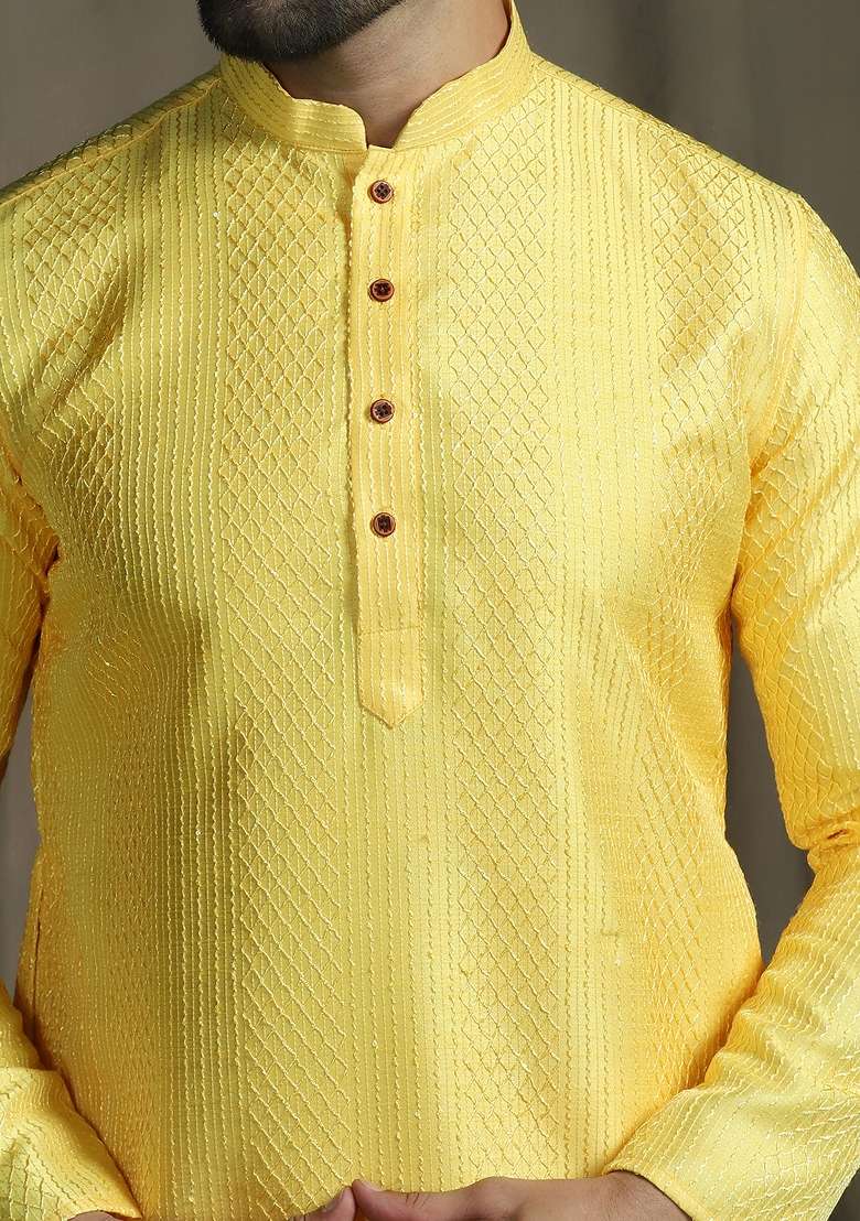 Yellow Embroidered Silk Kurta Set For Men - Indya