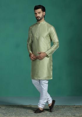 Green Plain Silk Kurta Set For Men