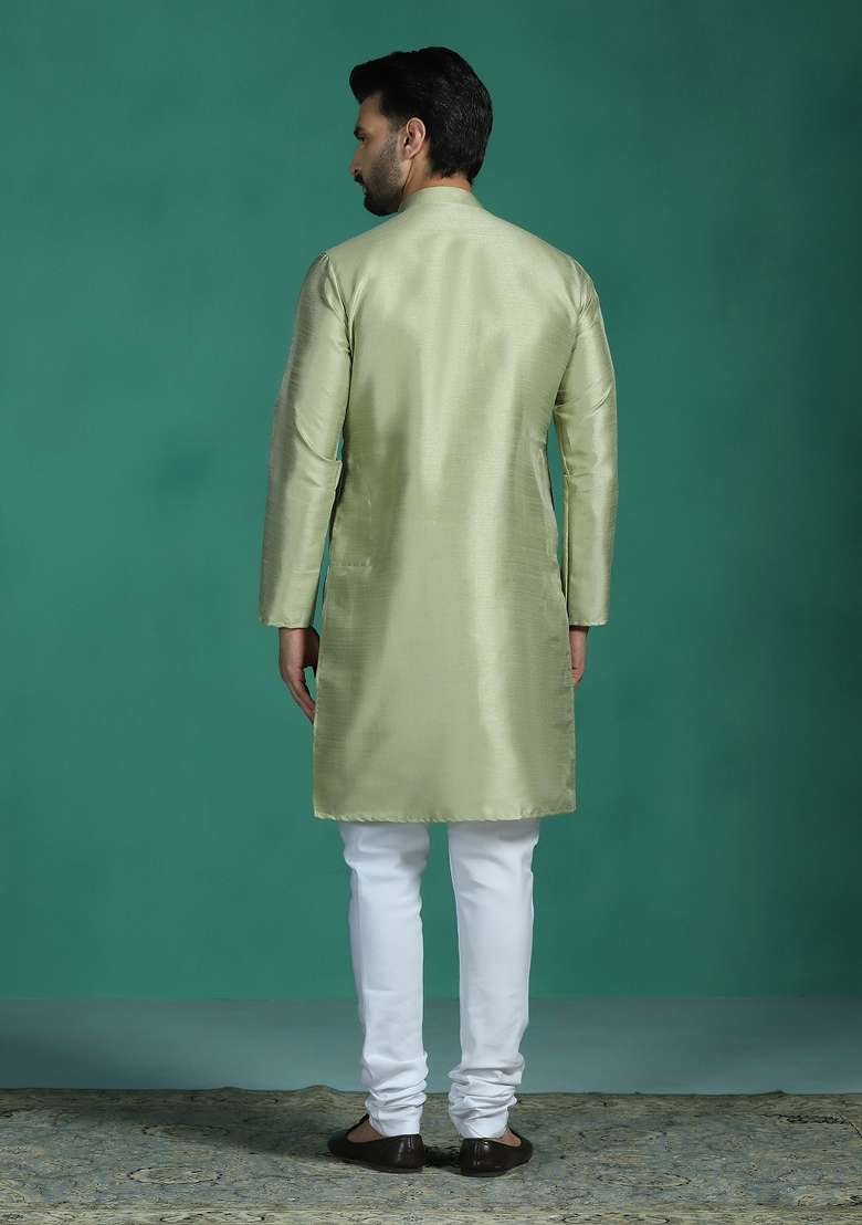 Green Plain Silk Kurta Set For Men - Indya