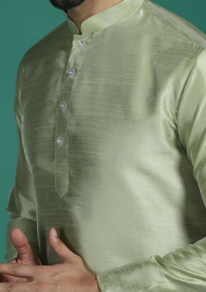 Green Plain Silk Kurta Set For Men - Indya