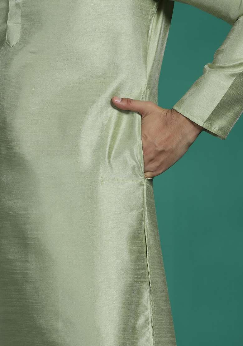 Green Plain Silk Kurta Set For Men - Indya