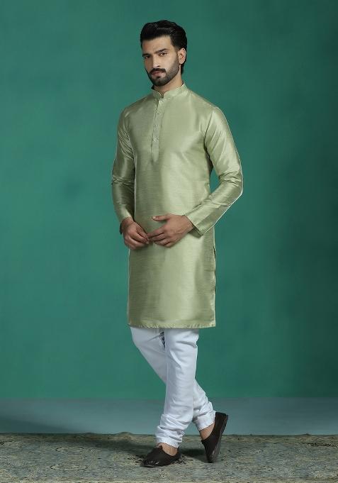 Green Plain Silk Kurta Set For Men