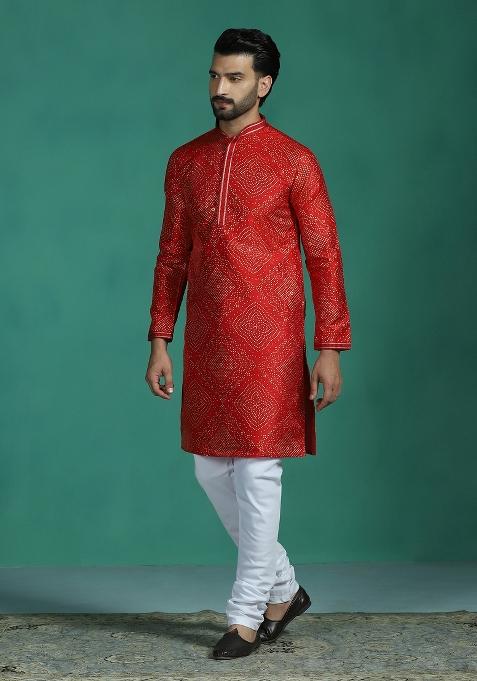 Red Printed Silk Kurta Set For Men