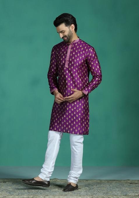 Purple Printed Silk Kurta Set For Men