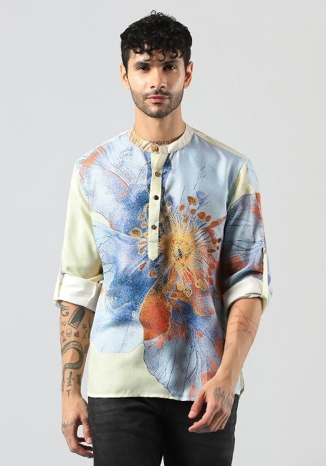 Cream Floral Rayon Short Kurta For Men